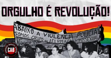 Foto histórica: grupo de pessoas LGBTQIA+ em uma manifestação no Brasil com a faixa: ABAIXO A VIOLÊNCIA POLÍCIAL